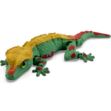3D Printed Crested Gecko with Realistic Glass Eyes – Bright Green with Red Markings & Golden Top