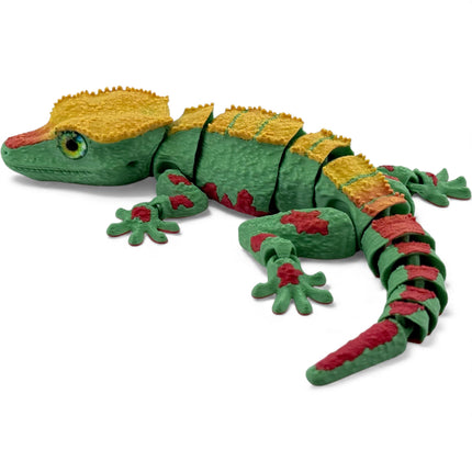 3D Printed Crested Gecko with Realistic Glass Eyes – Bright Green with Red Markings & Golden Top