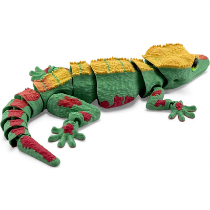 3D Printed Crested Gecko with Realistic Glass Eyes – Bright Green with Red Markings & Golden Top