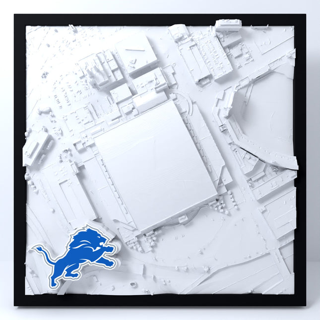 3D topographical map of Ford Field in a Matte Black frame, front view (digital rendering)