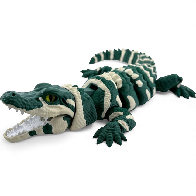 3D Printed Realistic Alligator with Glass Eyes and Articulated Jaw – Dark Green (14 Inches Long)