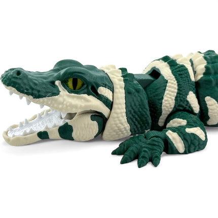 3D Printed Realistic Alligator with Glass Eyes and Articulated Jaw – Dark Green (14 Inches Long)