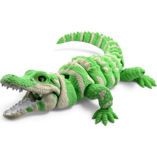 3D Printed Realistic Alligator with Glass Eyes and Articulated Jaw – Matte Light Green Gradient (14 Inches Long)