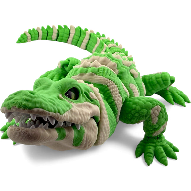 3D Printed Realistic Alligator with Glass Eyes and Articulated Jaw – Matte Light Green Gradient (14 Inches Long)