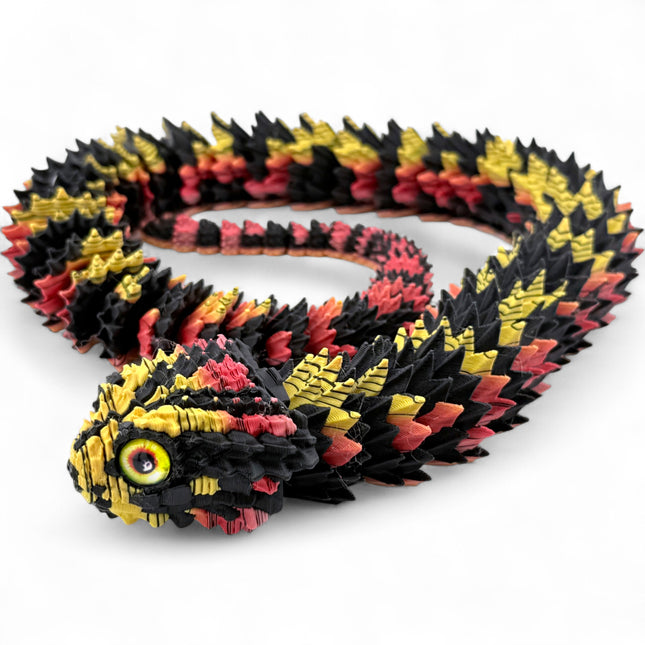 Tiger Phase Bush Viper Figurine – 3D Printed Snake with Retractable Fangs & Glass Eyes, Reptile Decor