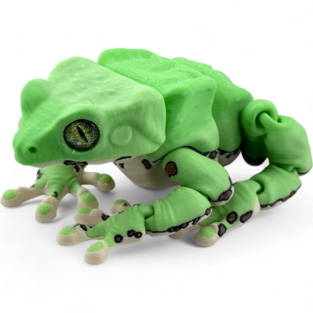 Waxy monkey tree frog figurine, dark green 3D printed with glass eyes