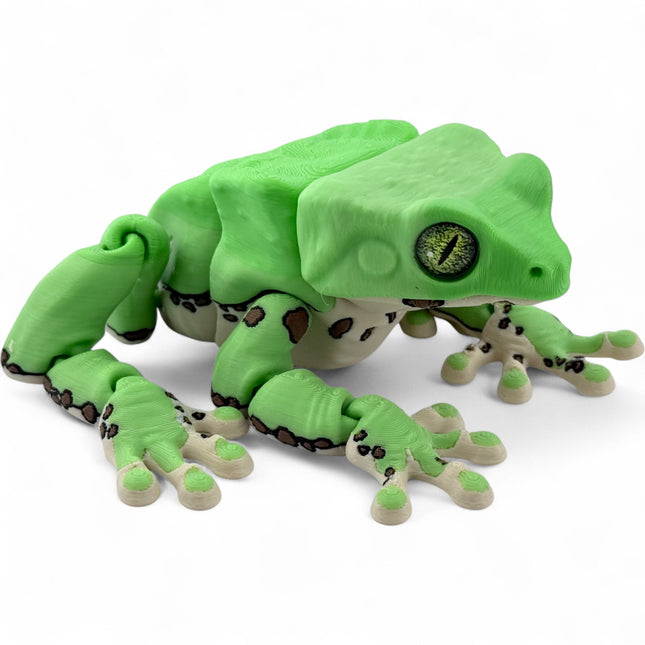 Waxy monkey tree frog figurine, dark green 3D printed with glass eyes
