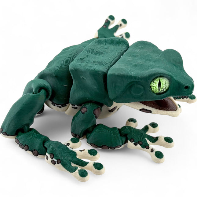 Waxy monkey tree frog figurine, dark green 3D printed with glass eyes