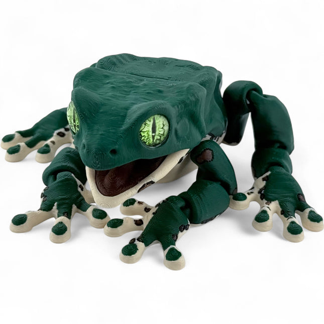 Waxy monkey tree frog figurine, dark green 3D printed with glass eyes