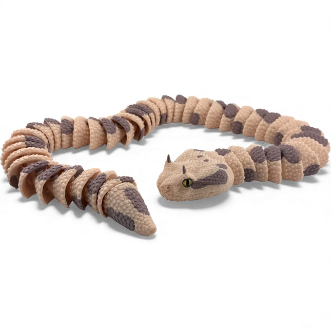 Horned Viper Snake Figurine, Articulated 23 Inch 3D Printed Snake with Glass Eyes, Desk Decor