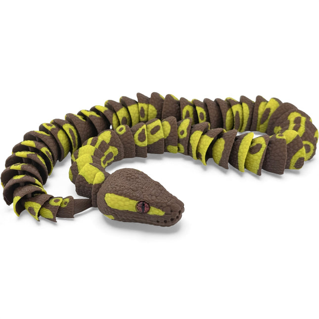 3D Printed Ball Python Figurine - Articulated Brown & Yellow Snake, 24 Inch Reptile Decor with Glass Eyes