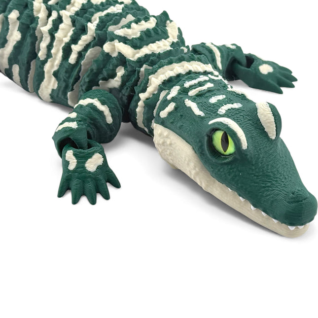 Baby Alligator Figurine - 3D Printed Dark Green, 13 Inch Reptile Model with Glass Eyes