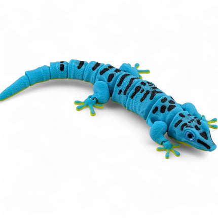 3D Printed Flexi Giant Day Gecko with Realistic Glass Eyes – Sky Blue with Full Body Black Markings