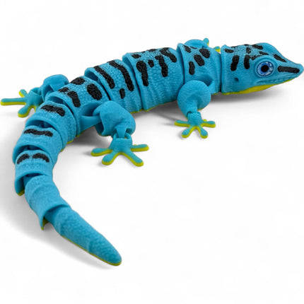 3D Printed Flexi Giant Day Gecko with Realistic Glass Eyes – Sky Blue with Full Body Black Markings