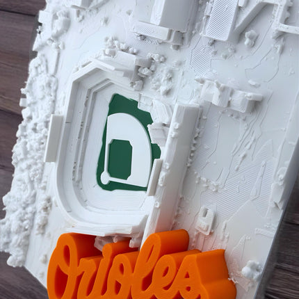 Baltimore Orioles - Framed Topographical Map Art of Camden Yards (3D Raised Logo)
