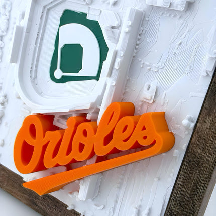Baltimore Orioles - Framed Topographical Map Art of Camden Yards (3D Raised Logo)