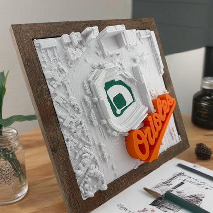 Baltimore Orioles - Framed Topographical Map Art of Camden Yards (3D Raised Logo)