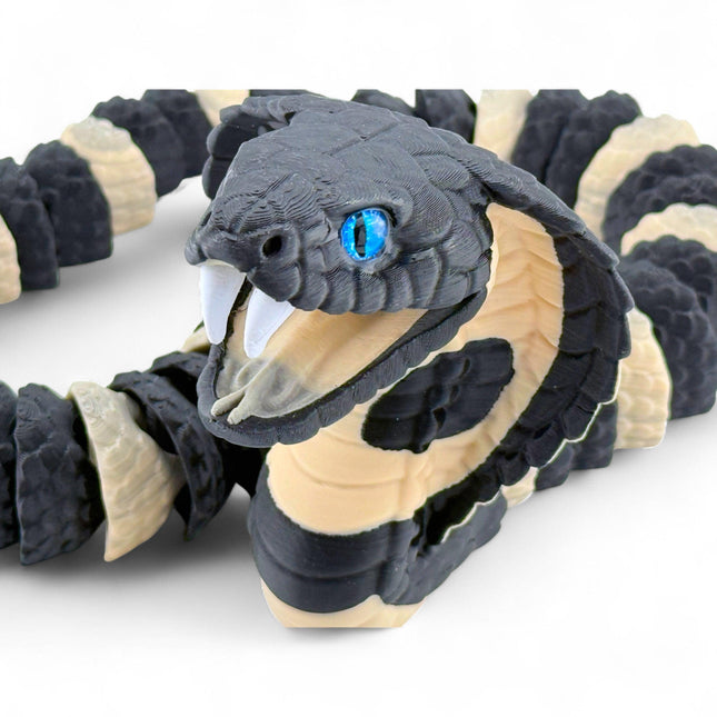 King Cobra with Fangs | Realistic Reptile Display Model in Black and Beige
