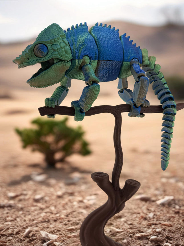 Realistic 3D Printed Chameleon on Branch Figurine - Detailed Animal Sculpture, Unique Desk Decor, Nature Lover Gift