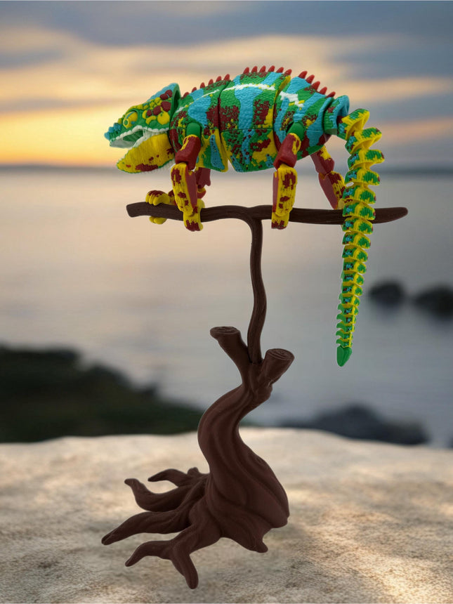 Realistic 3D Printed Chameleon on Branch Figurine - Detailed Animal Sculpture, Unique Desk Decor, Nature Lover Gift