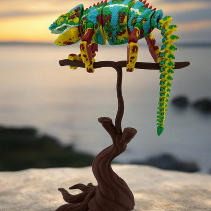 Realistic 3D Printed Chameleon on Branch Figurine - Detailed Animal Sculpture, Unique Desk Decor, Nature Lover Gift