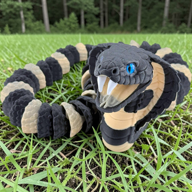 King Cobra with Fangs | Realistic Reptile Display Model in Black and Beige