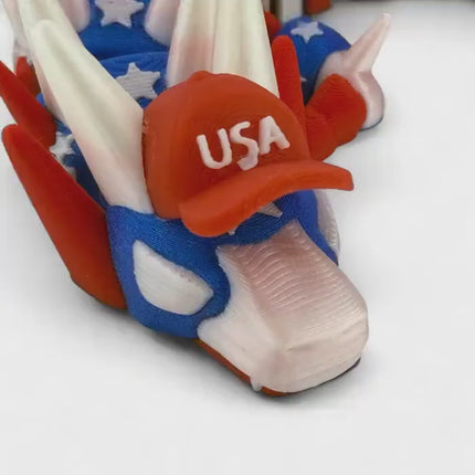 USA Patriot Dragon 3D Printed Figurine Wearing Red Baseball Hat – Unique Patriotic Decor & Gift