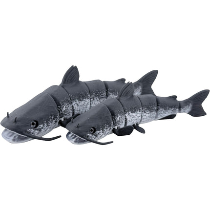 Two Tidal 3D Printed articulated catfish figures with mottled grey bodies and detailed whiskers on a white background.