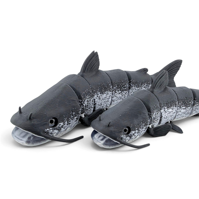 Tidal 3D Printed articulated catfish figures in grey with realistic glass eyes and textured PLA+ filament finish