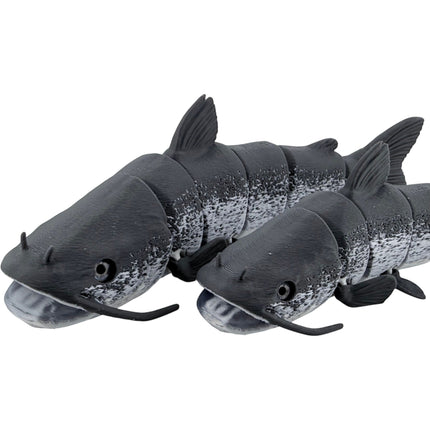 Tidal 3D Printed articulated catfish figures in grey with mottled details and realistic barbels for fishing enthusiasts.