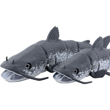 Tidal 3D Printed articulated catfish figures in grey with mottled details and realistic whiskers on white background