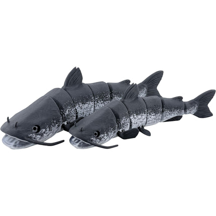 Tidal 3D Printed articulated catfish figures in grey with mottled patterns, featuring realistic barbels and fins.