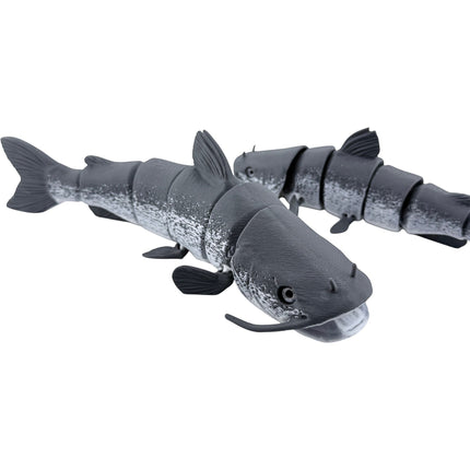 Two Tidal 3D Printed articulated grey catfish figures with detailed mottled skin and barbels on a white background.