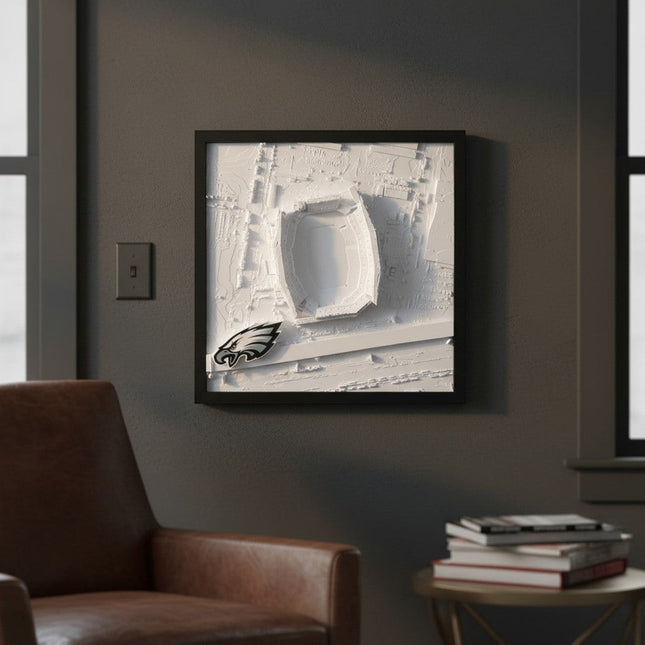 Tidal 3D Printed white topographical map of Lincoln Financial Field with Philadelphia Eagles logo in a black frame.