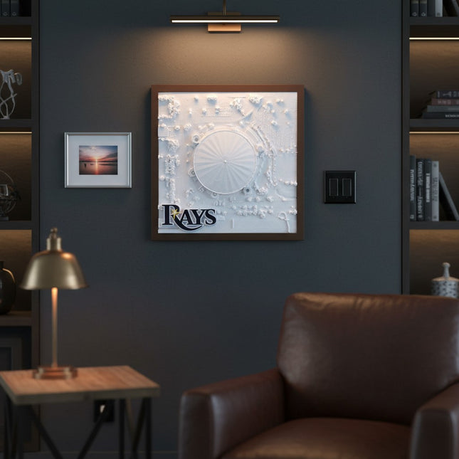 Tidal 3D Printed 12.9 x 12.9 inch framed white topographical wall art of Tropicana Field with Tampa Bay Rays logo in a wood frame.